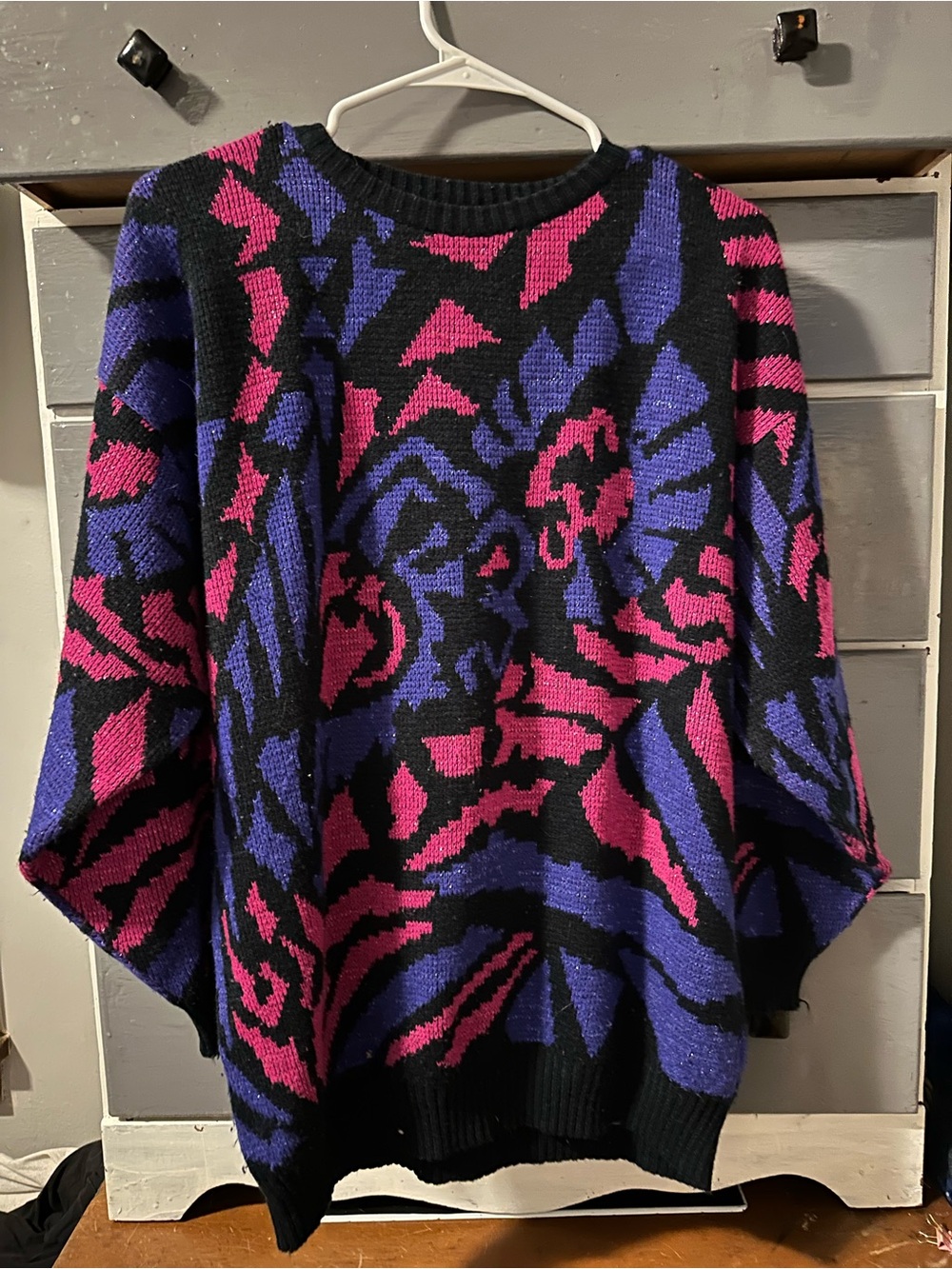 Black Crewneck Sweater with Purple & Pink Floral Motif - Women